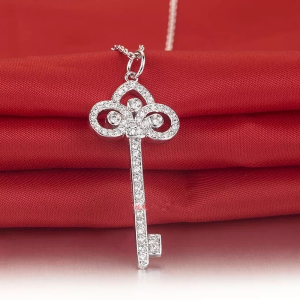 .925 Sterling Silver CZ Key Pendant Necklace 17in - Picture 4 of 5